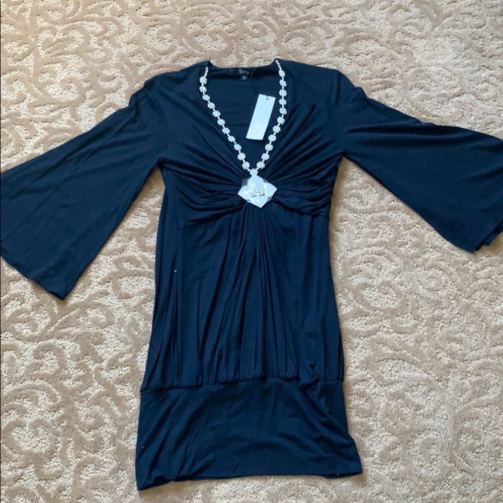 sky diamond studded dress black long sleeves